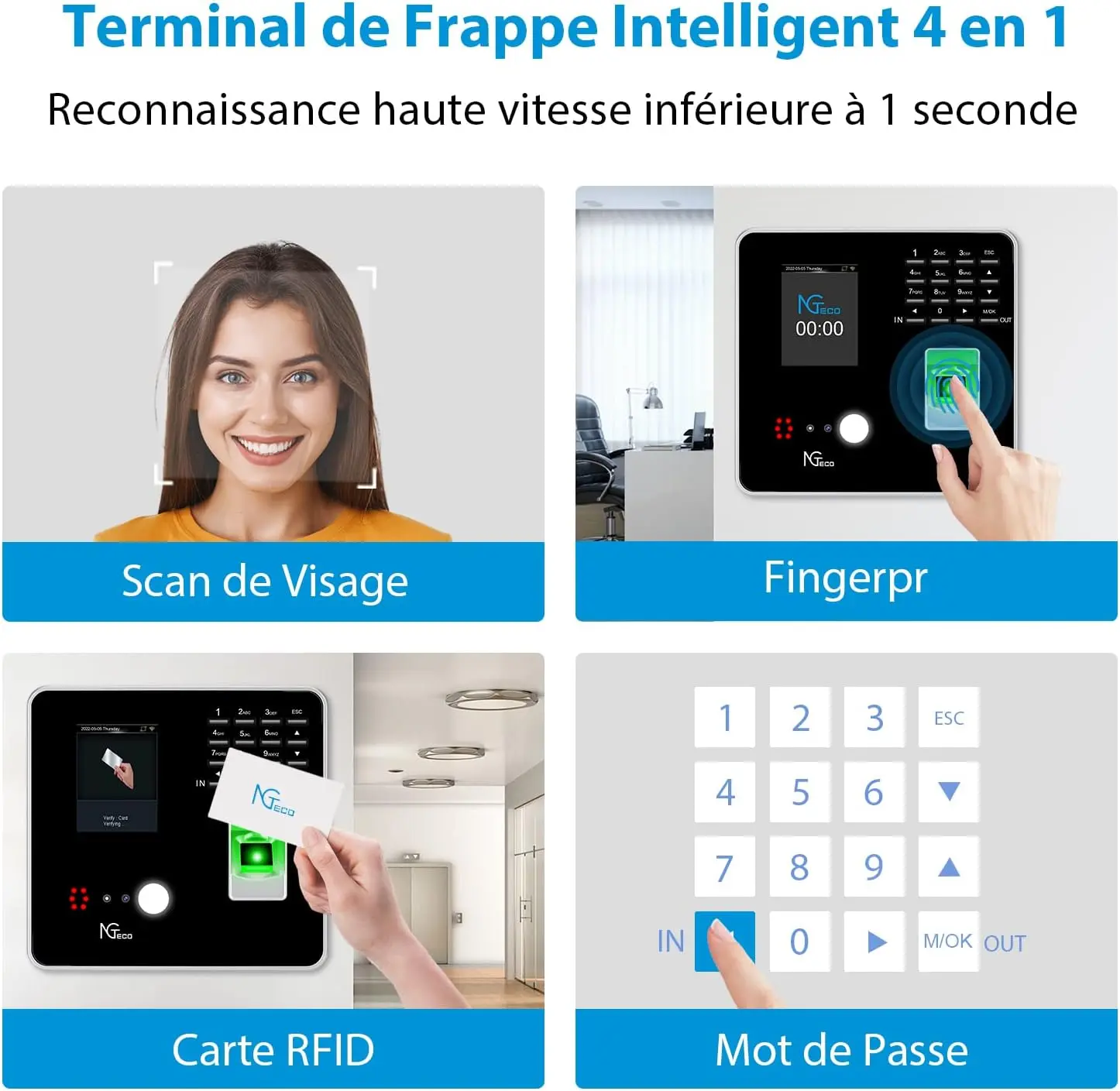 POINTEUSE NGTECO NG-MB2 FACE EMPREINTE RFID CARD PIN WIFI ET RESEAUX RJ45 APPS IOS ANDROID LCD 200 USER BLACK NOIR
